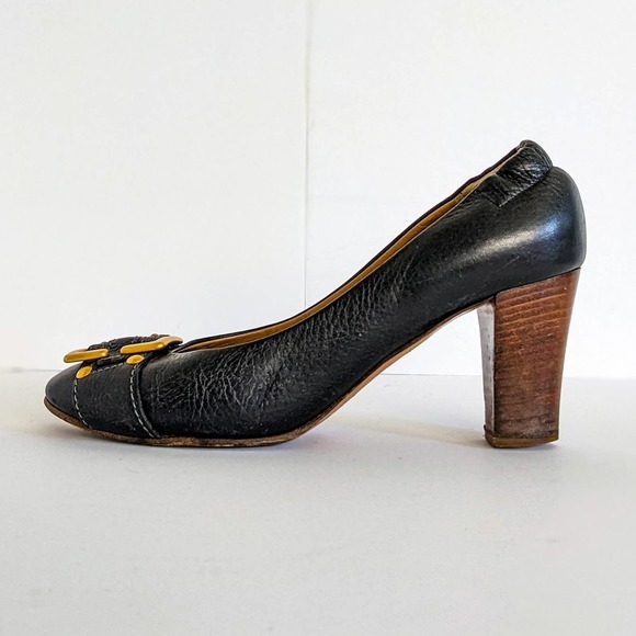 Chloe Black Heels with Gold Buckle and Wooden Heel - Picture 11 of 15